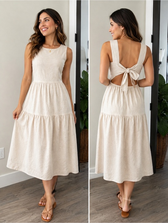 Petal & Pup Dresses & Skirts - Petal & Pup 100% Linen Beige Tie-Back Tiered Midi Dress Size 4